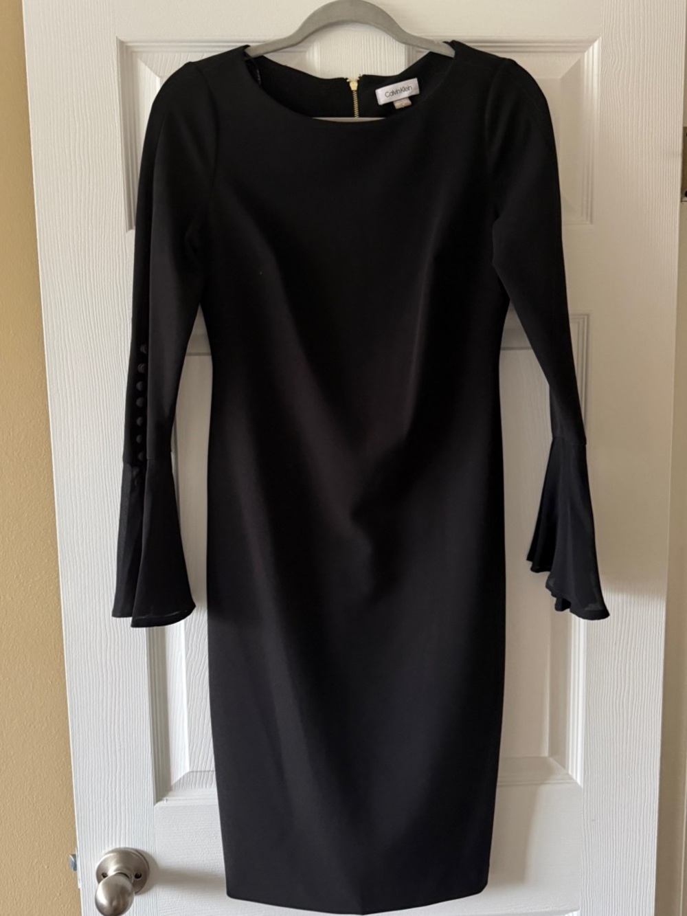 Calvin Klein Black Long Sleeve Sheath Dress with Fluted Cuffs